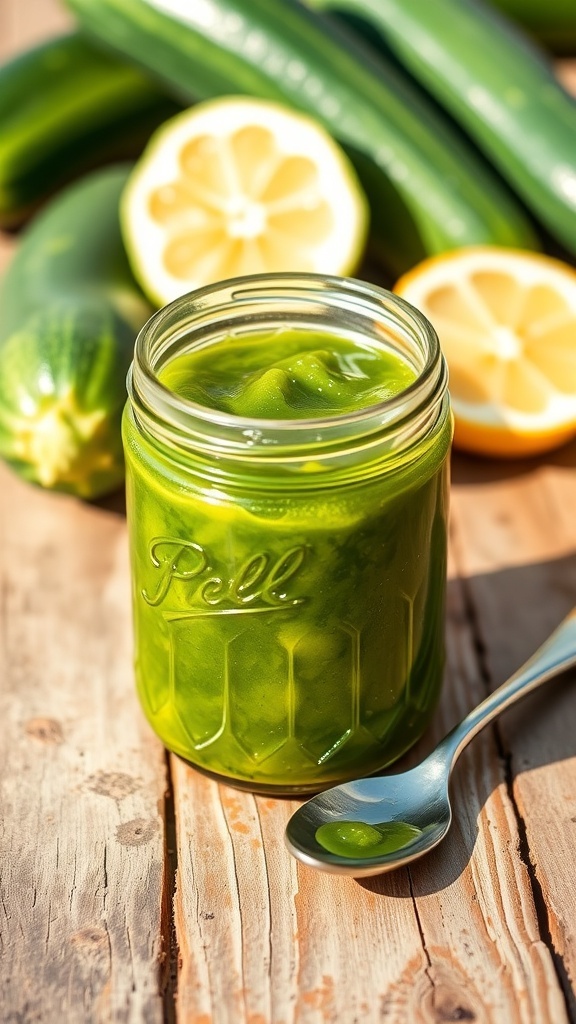 A jar of zucchini jam with fresh zucchinis and lemon slices on a wooden table.